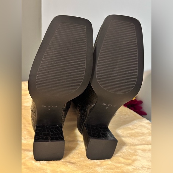 New Suedi Womens Knee High Black Croc Embossed Chunky Heel Squared Toe Boots Sz9 - Picture 13 of 16